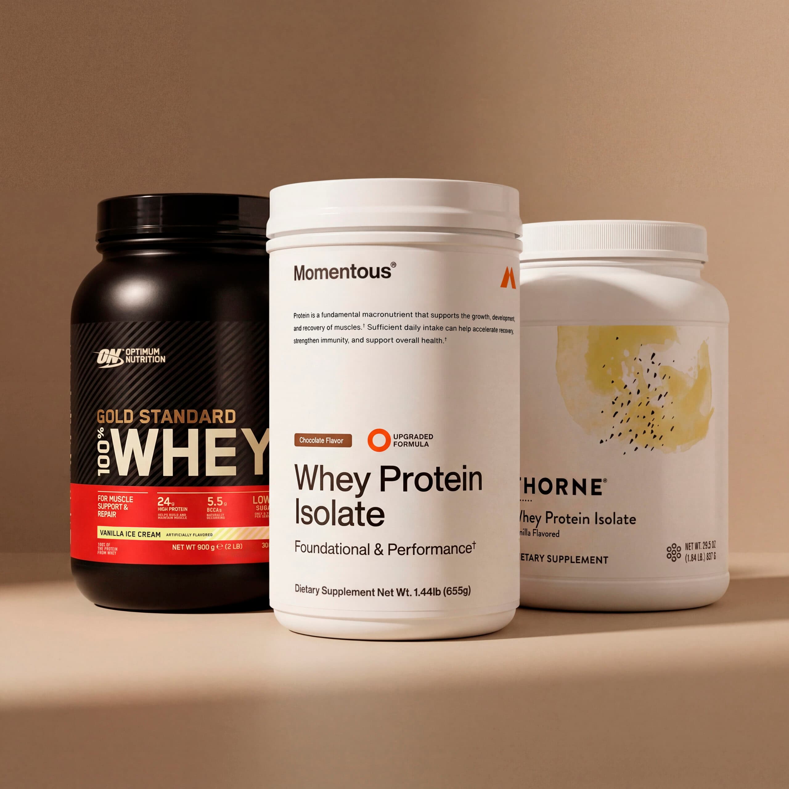 Optimum Nutrition, Momentous, and Thorne protein powders