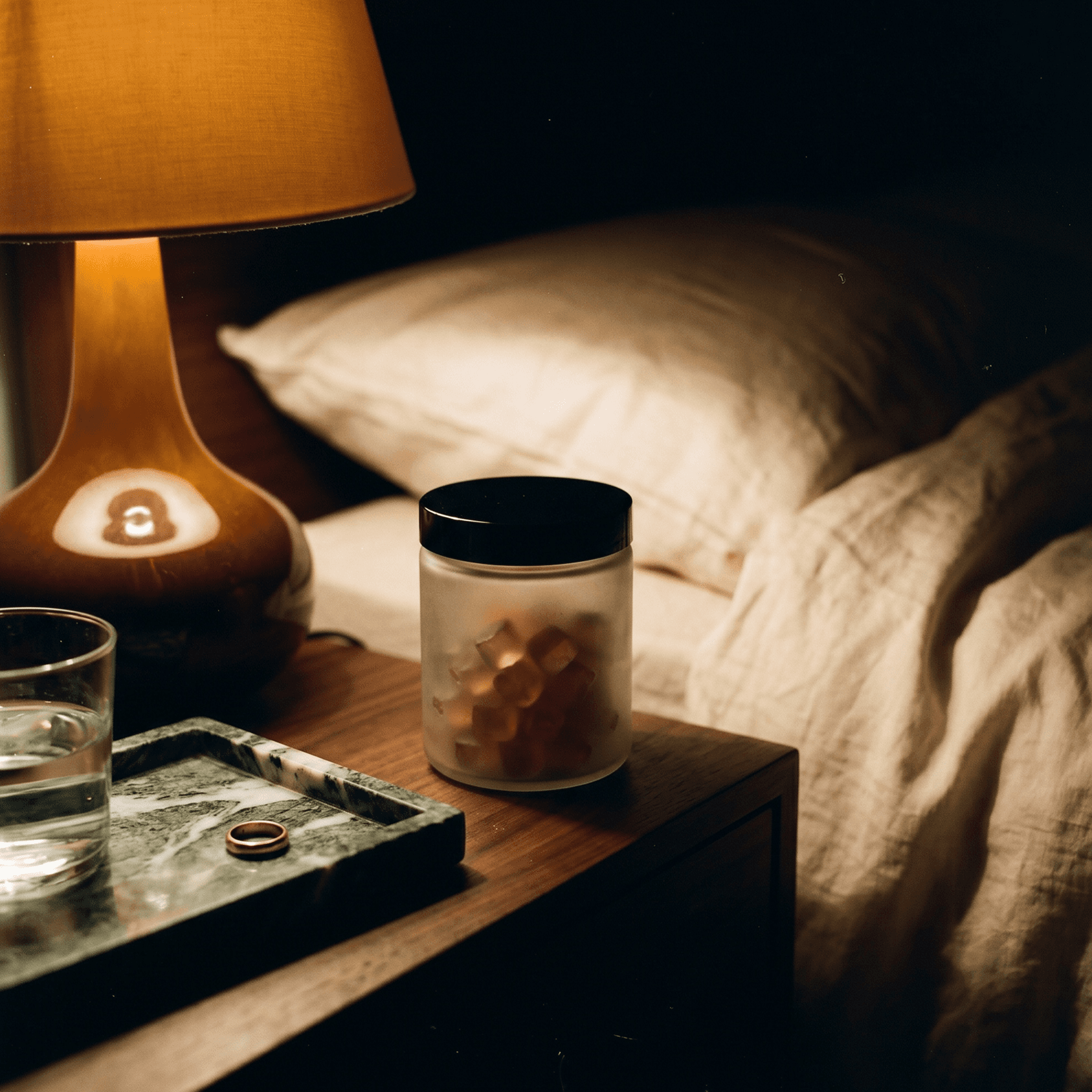 A bottle of melatonin supplements next to a bed